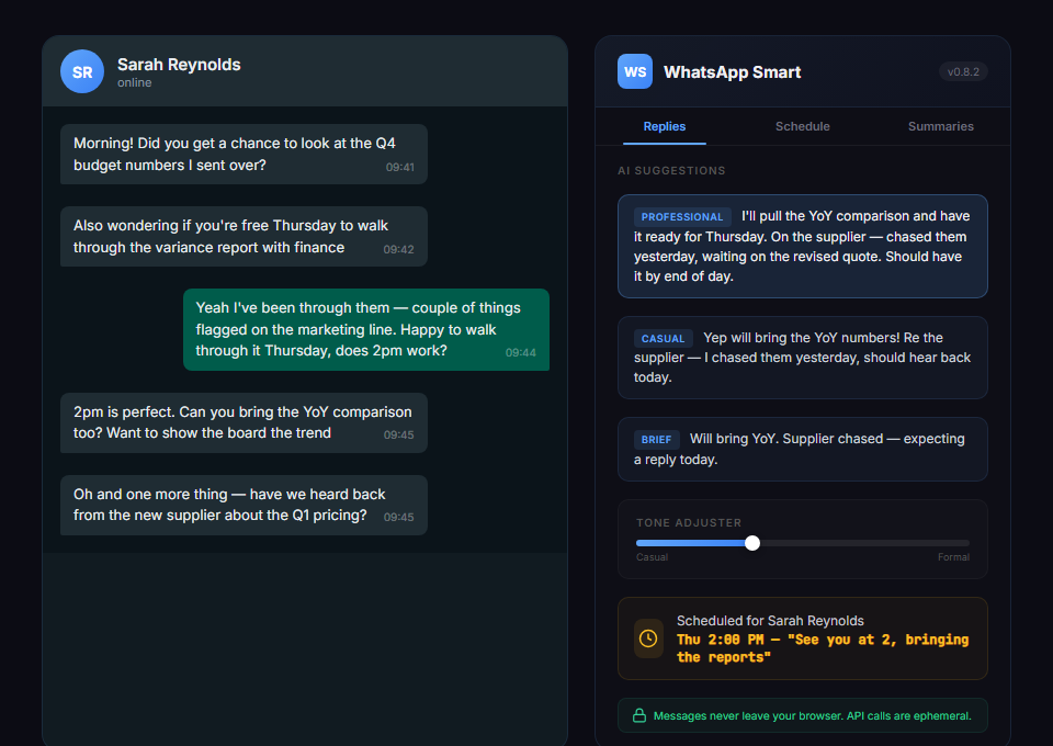 WhatsApp Smart extension UI in a browser frame